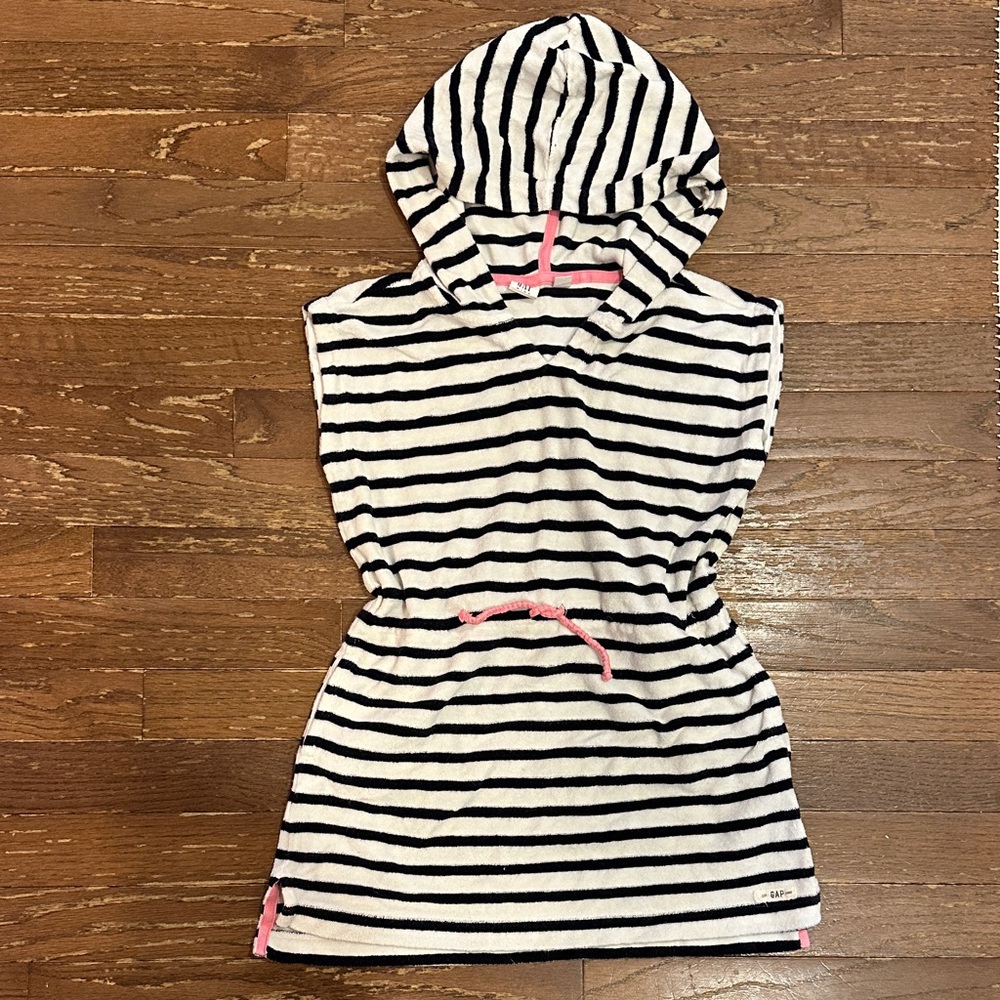 GAP Kids Navy and White Striped Terry Cover-Up with Pink Tie, Size Small
